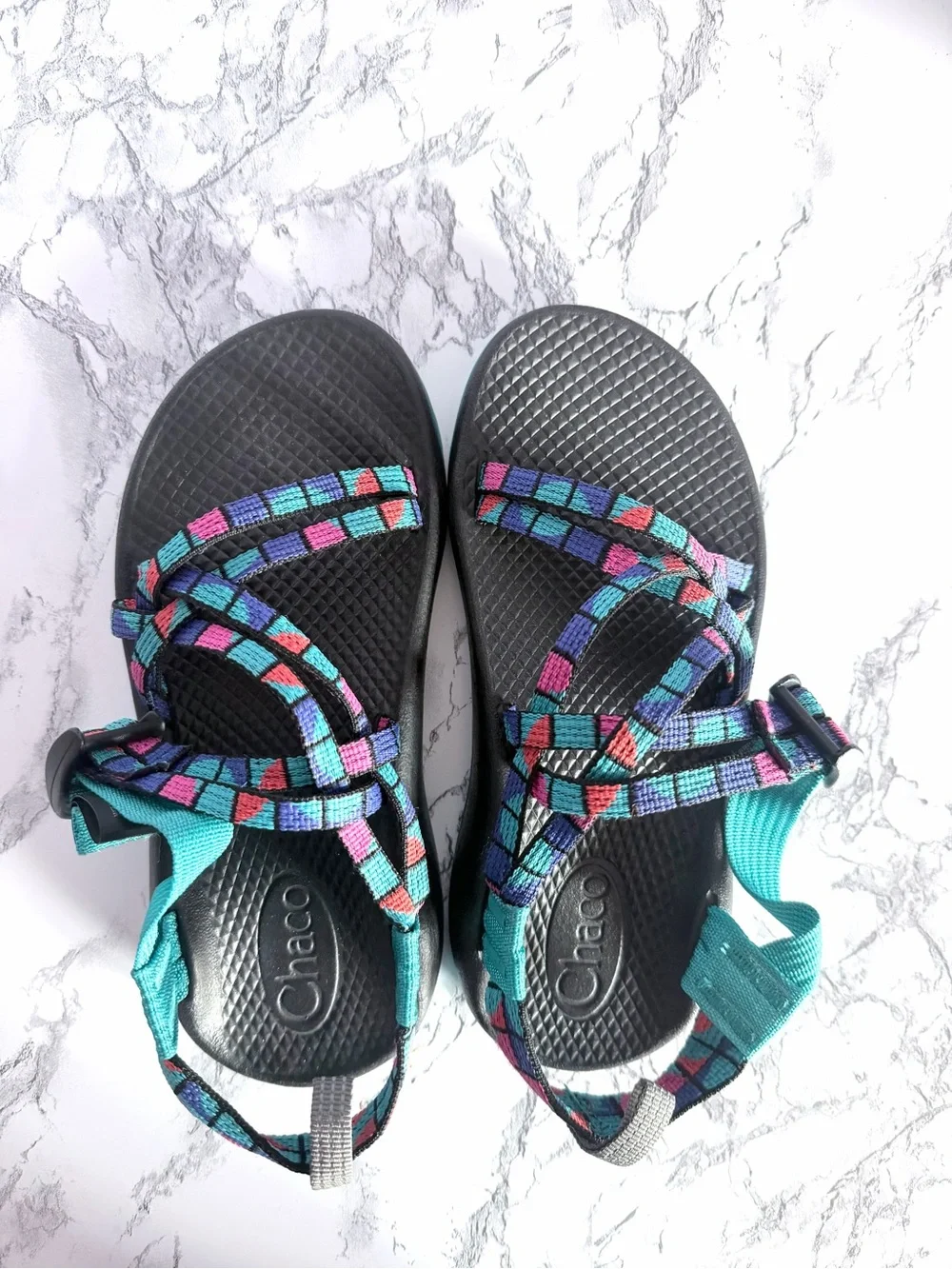 Chaco Kids Multicolor Patterned Webbing Teal Strap Sandals